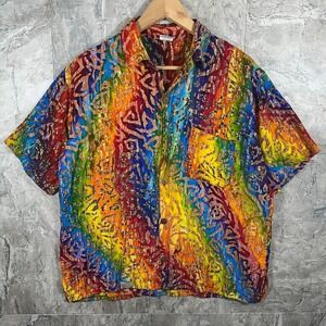 Rainbow Batik LOUD HAWAIIAN HAND-PAINTED SHIRT BLACK with multicolored print  L